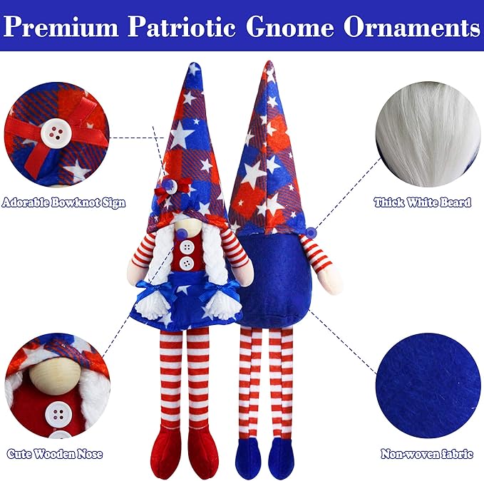 2Pcs 4th of July Patriotic Gnomes Plush Decorations- Mr & Mrs Handmade Swedish Tomte Gnomes Ornaments for 250th Anniversary Patriotic Party Table Decor-Fourth of July Party Home Mantle Fireplace Decor