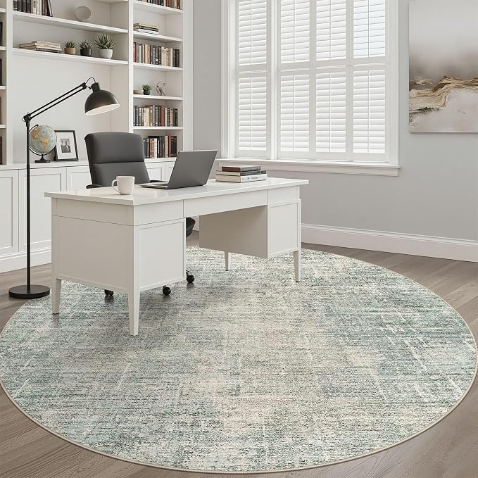 7ft Round Rug Living Room: 7x7 Washable Large Neutral Green Circle Area Rug Abstract Soft Modern Stain Resistant Indoor Floor Non-Slip Carpet for Bedroom Nursery Kids Office Playroom Dining Room