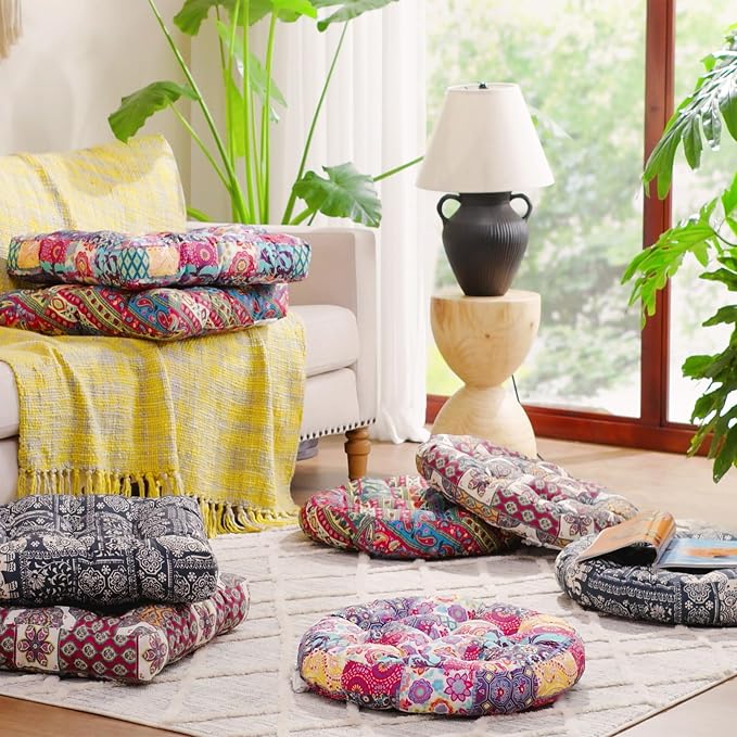 Codi Meditation Floor Pillow, Boho Pillows Seating for Adults and Teens, Large Cushion for Yoga Living Room Tatami Sitting, Memory Foam Added, 22x22 Inch Pack of 2, Round - Multi Blaidiere