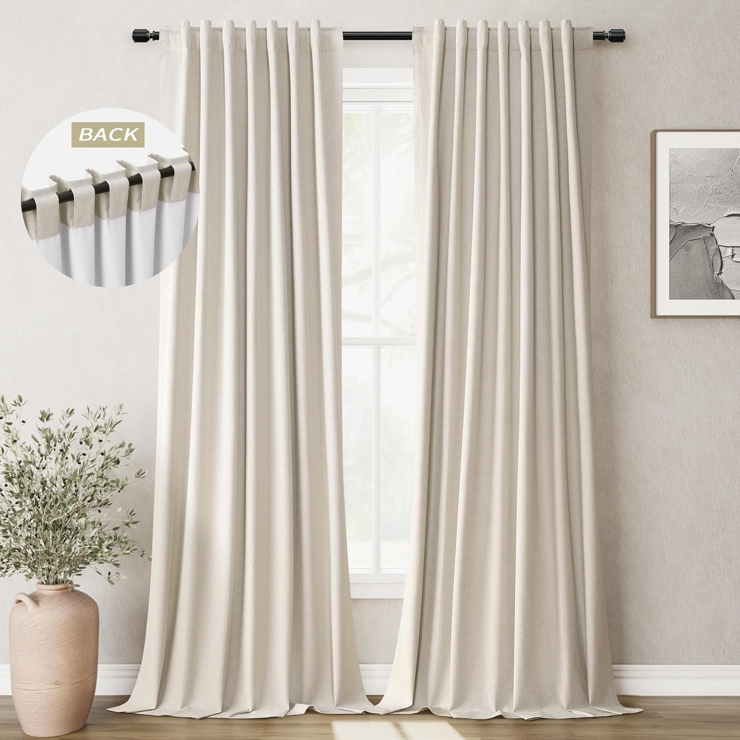 Greyish Beige Linen Black Out Curtains 84 Inch Long 2 Panels Set for Bedroom Light Blocking Curtains Greige with 100% Blackout Backing Light Taupe Thermal Insulated Room Darkening Curtain Drapes