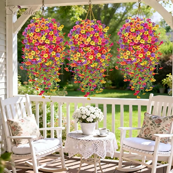 Serwalin 6PCS Artificial Hanging Flowers for Outdoors, UV Resistant Fake Hanging Plants, Realistic Weatherproof Outdoor Decor for Patio, Porch, Garden & Window (Yellow, Hot Pink, Purple &Orange,6PCS)