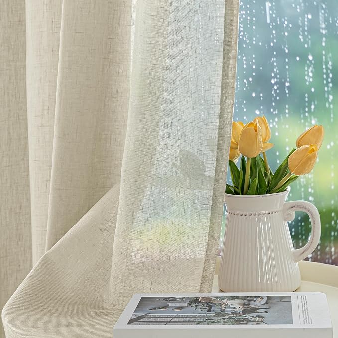HolidayIdeas 4 Panels Outdoor Sheer Curtains for Patio Waterproof 110x95 Inch-Extra Wide Voile Outside Curtain Panels Natural Linen Sheer Curtains, Light Filtering Drapes for Gazebo, Front Porch, Pool