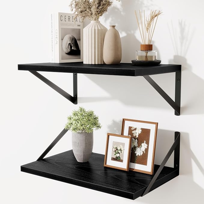 Acovy Floating Shelves for Wall,18" Wall Mounted Shelves Set of 2,Wood Floating Shelf with Bracket,Sturdy Metal Bracket Bookshelves Home Decor Storage for Living Room,Bedroom,Bathroom,Kitchen,Black