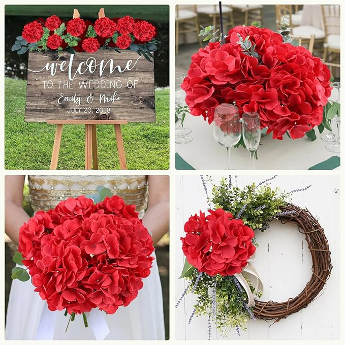 AVIVIHO 105Pcs Red Fake Flowers Hydrangea Artificial Flowers Bulk (Not Squished, No Steaming Need) Silk Flowers with Stems for Wedding Decor,Home,Baby Shower,Table Centerpieces Decoration