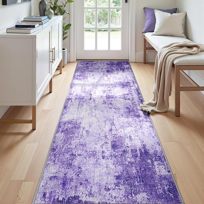 RELEANY Washable Area Rugs 2'x6' Non-Slip Modern Abstract Soft for Living Room Entryway Bedroom Nursery, Print Pattern, Purple Gray Pink White
