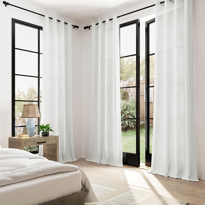 Off White Linen Curtains 84 Inches Long 2 Panels Set Grommet Semi Sheer Linen Drapes for Bedroom Light Filter Oat Ivory Cream Colored White Cotton Boho Window Curtain for Living Room 84 Inch Length