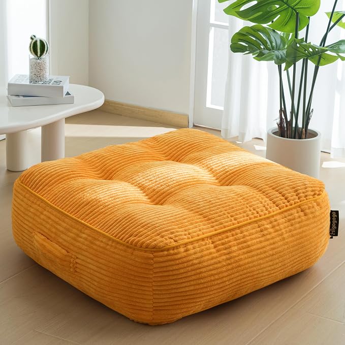 HIGOGOGO 8" Extra Thick Floor Pillow Cushion for Adults, Meditation Cushion Pillow, Large Square Floor Sitting, Tufted Corduroy Cover, for Tatami Living Room or Yoga, Orange