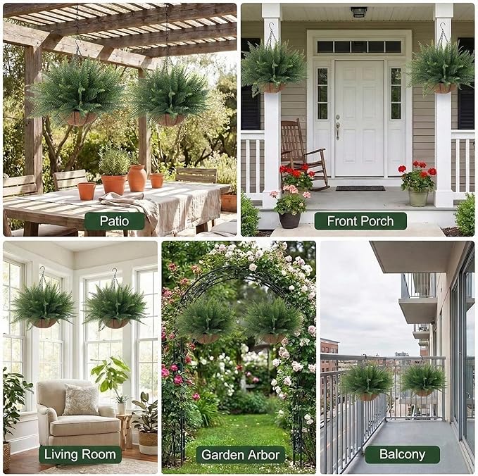 Fake Ferns Hanging Baskets,2PCS Artificial Hanging Plants Outdoor, 2 Hanging Planters with 24 Pcs Fake Ferns for Indoor Outside Decorations for Front Porch Garden Balcony Patio Home Decor (2, Green)