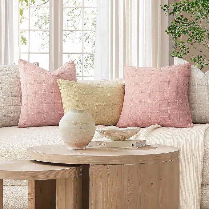 Foindtower Set of 2 Decorative Linen Check Throw Pillow Covers Neutral Farmhouse Vintage Cushion Covers Cozy Modern Boho Accent Home Decor for Sofa Chair Couch Bed Living Room,14×36 Inch,Light Pink