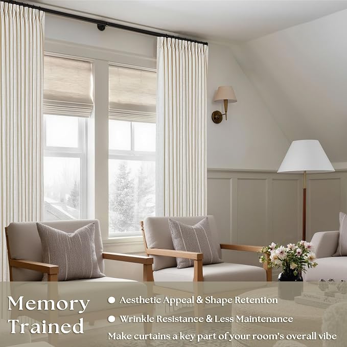 Pinch Pleated Linen Curtains 108 Inches Long for Living Room 2 Panels Set Cream Ivory Flax Double Pleated Drapes Back Tab Neutral Boho Ceiling Floor 108 Inch Window Curtains Bedroom Natural Birch