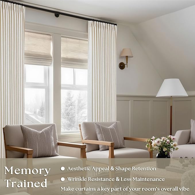 98 Inch Long Curtains Pinch Pleat Linen Curtains for Living Room Bedroom 2 Panels Natural Cream Light Filtering Privacy Neutral 98 Inch Pleated Drapes Hooks Rings Back Tab for Window Treatment