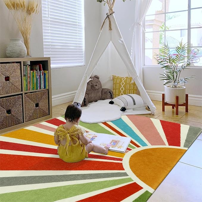 STARUIA Kids Rug 5'x7', Boho Washable Rainbow Nursery Rug, Non-Slip Soft Carpet for Playroom, Classroom, Office, Dining Room