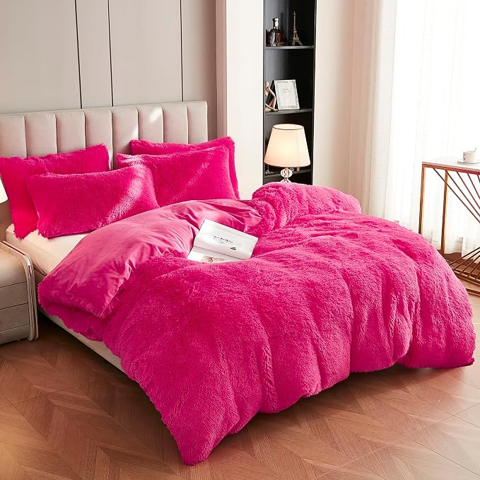 Faux Fur Velvet Fluffy Bedding Duvet Cover Set Down Comforter Quilt Cover with Pillow Sham, Ultra Soft Warm (Twin, Hot Pink)