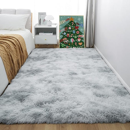 KICHOWUA 4x6 Light Grey Fluffy Shag Area Rug for Bedroom, Ultra Soft Fuzzy Plush Washable Carpet for Living Room, Modern Cozy Non Skid Furry Shaggy Rug for Kids Baby Boys Nursery Dorm,Tie-Dye Gray