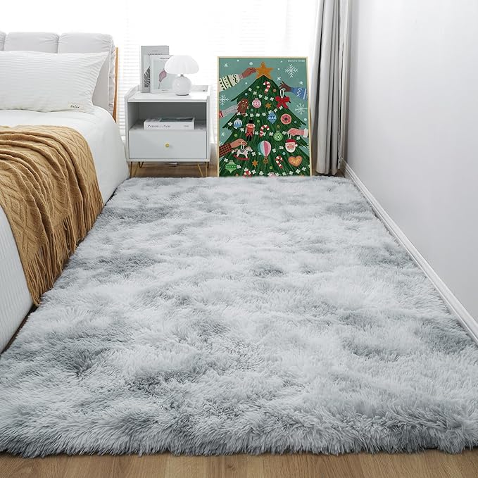 KICHOWUA 6x9 Light Grey Fluffy Shag Area Rug for Bedroom, Soft Plush Fuzzy Washable Non Slip Carpet for Living Room, Modern Comfy Furry Shaggy Large Rug for Kids Baby Boys Nursery Dorm, Tie-Dye Gray