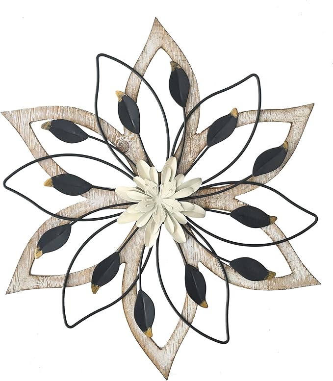 Remenna Whitewash Flowers Wood Wall Decor, Metal Rustic Wall Art Farmhouse Wall Decorations Multiple Floral Hanging Decor for Bathroom Living Room Home Office Garden Kitchen