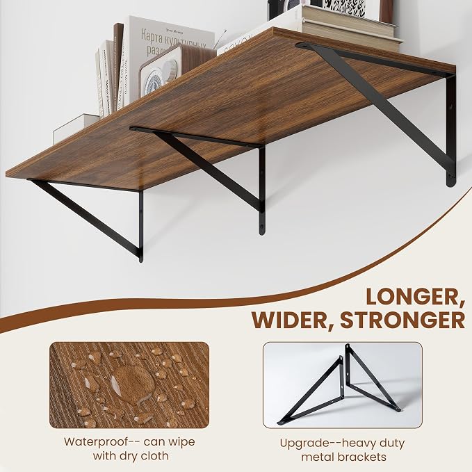 Heimlove 12 Inch Deep Floating Shelves for Wall, 40W x 12D Wood Wall Shelves Set of 2, Walnut Wide Floating Bookshelf for Living Room, Kitchen, Office, Bedroom, with Black Metal Bracke - Walnut