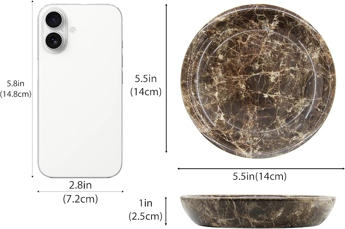 Small Natural Marble Jewelry Tray Key Plate Holder Dish Trinket Decor Catch All Bowl for Ring Earring Stone Gift for Women Daugther,Dark Brown,5.5"