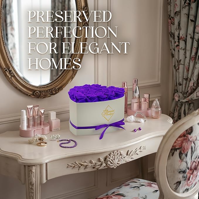 GLAMOUR BOUTIQUE Preserved Roses in a Box - Gifts for Her, Wife & Mom, Rose Flowers Forever Decor for Birthday Gift, Get Well Flower Bouquet Cased in White Box with Cover - Purple - 27 (Color-Treated)