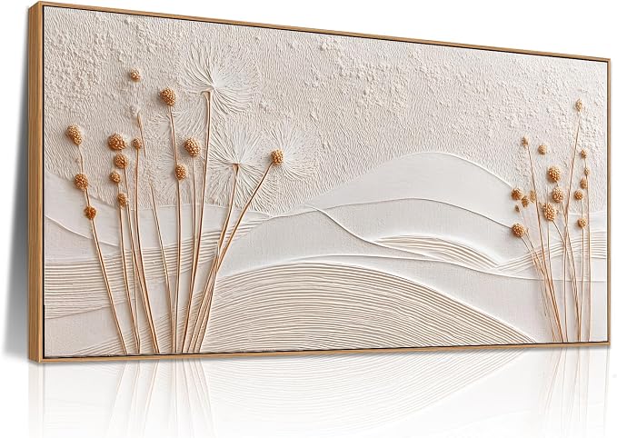 Sorbrozo 3D Texture Dandelion & Mountain Landscape Wall Art 20x40 Inch Framed Canvas Print in Neutral Beige & Gold Ready to Hang Decor for Living Room Bedroom Office