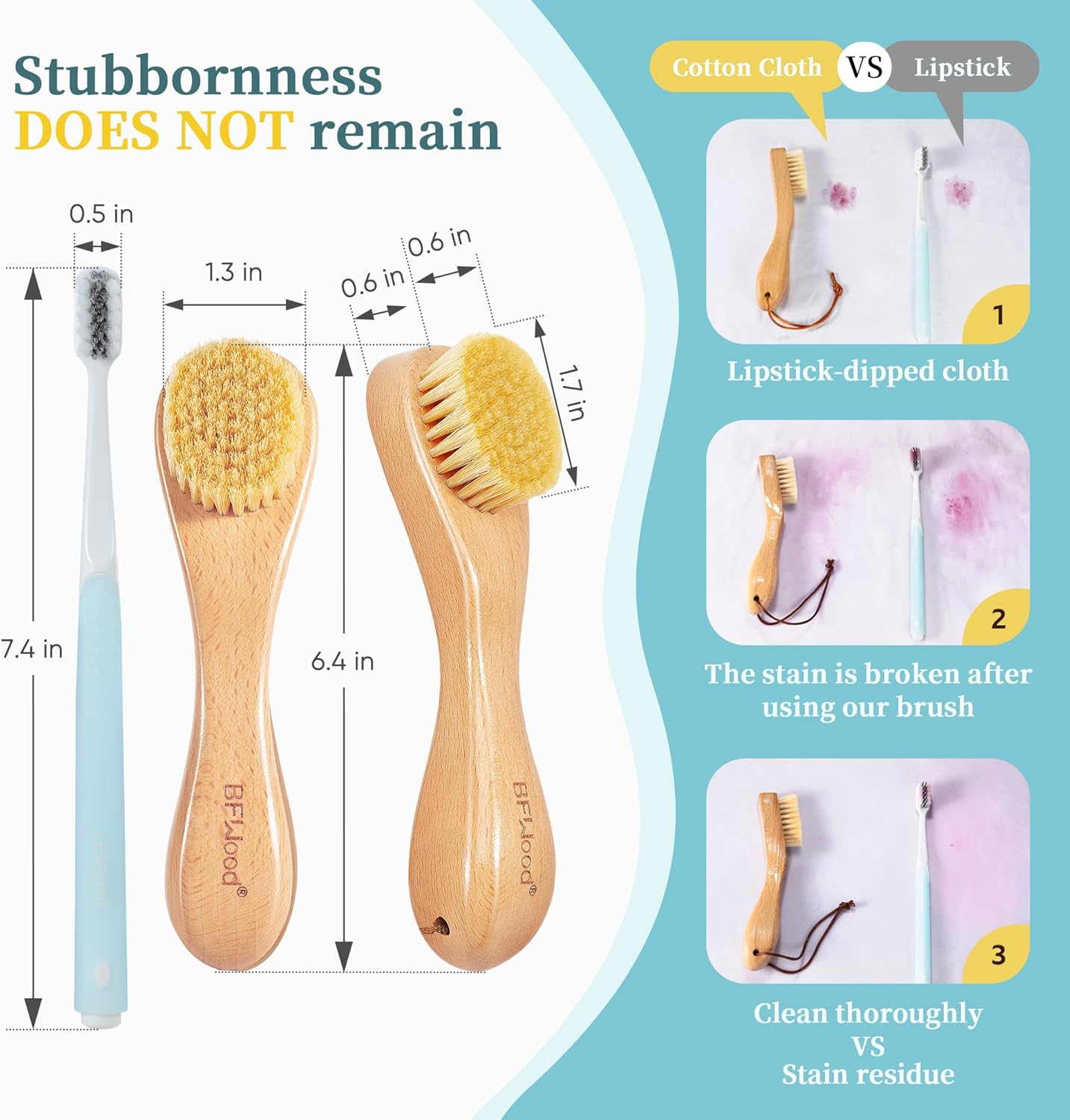 BFWood 2PCS Laundry Stain Brush - Natural Soft Boar Bristles, Removes Tough Stains from Delicate Fabrics Like Knits, Cotton, and Linens, Gentle on Fabrics, No Damage