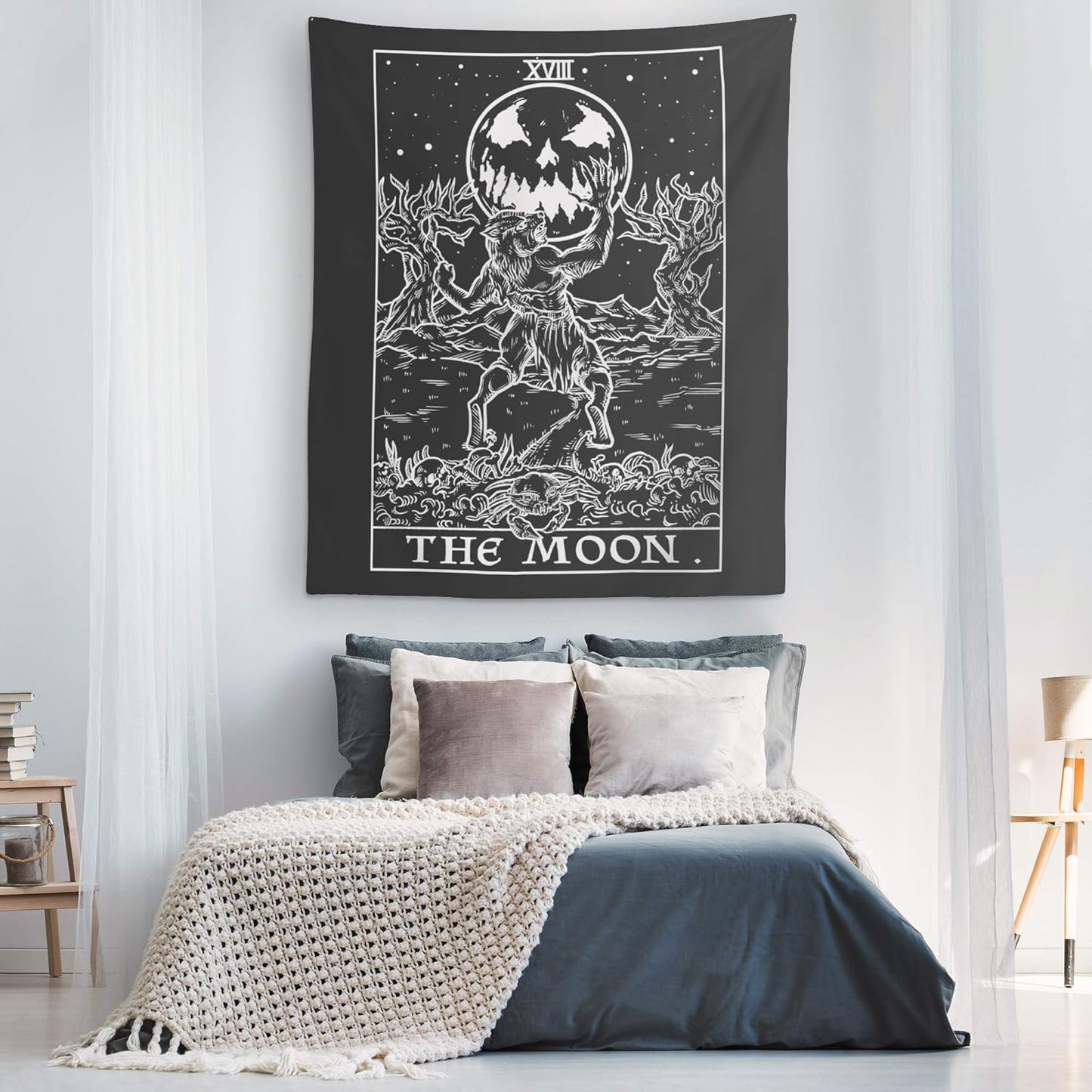 The Moon Tarot Card Tapestry (Black & White) - Werewolf - Gothic Halloween Home Decor Wall Hanging (60" x 50")