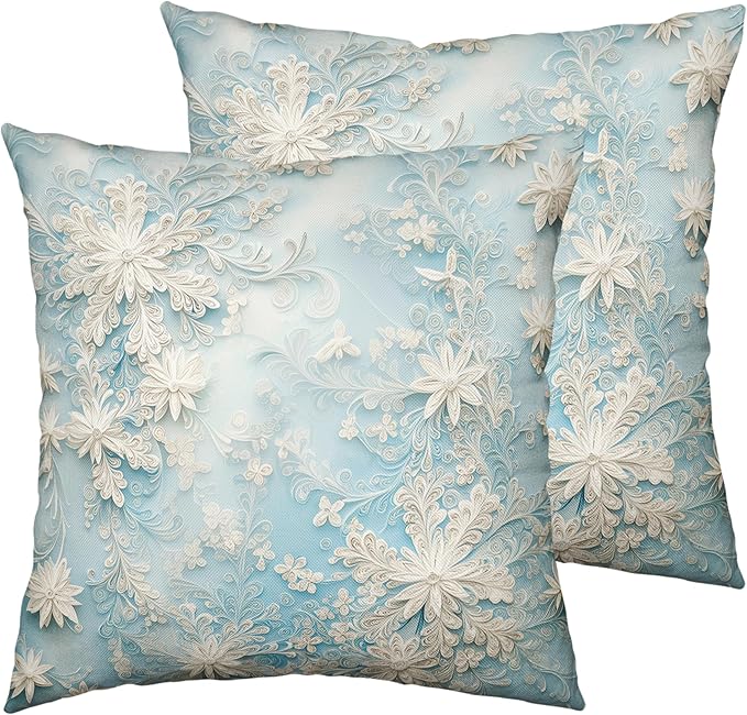 Blue Snowflakes Pillow Covers Winter Throw Pillow Covers 16x16 Set of 2 Snow Flower Pillowcase Floral Double Sided Printing Cushion Case for Living Room Bedroom Couch Sofa