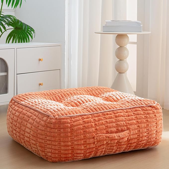 HIGOGOGO 8" Floor Pillow Cushion for Adults, Meditation Cushion Pillow, Blended Corduroy Cover, Large Square Floor Sitting for Tatami Living Room or Yoga, 22x22 Inch, Coral