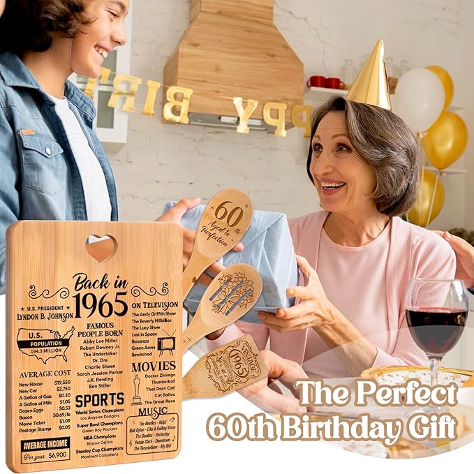 60th Birthday Gifts for Him Her- "Back in 1965" 60th Birthday Gifts for Women Cutting Board, Bamboo-Made Engraved "Year 1965 News" 60th Birthday Gifts