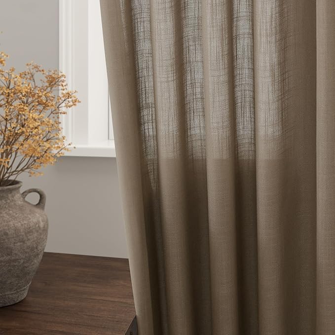 Dark Taupe Linen Curtains 120 Inch Extra Long for Living Room Back Tab Light Filtering Semi Sheer Drapes Modern Farmhouse Boho Decor Cotton Textured Curtain for Floor to Ceiling High Window 52x120