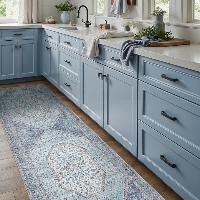DCX Machine Washable Blue and Beige 2x6 Runner Rug, Non Slip Stain Resistant Vintage Floral Long 6ft Floor Runner for Hallways Kitchen Bathroom and Entryway, Soft Low Pile Carpets