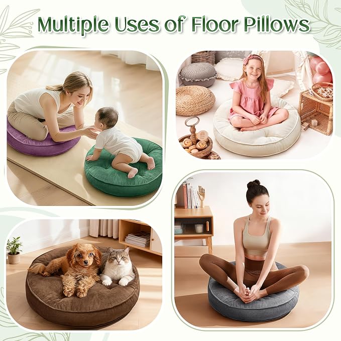 1 MIDDLE ONE Floor Pillow Set of 2, Memory Foam Meditation Cushion, Floor Cushions for Adults Sitting, Large Round Seat Cushions for Yoga, Living Room, 20x20 Inch (Round | Brown)