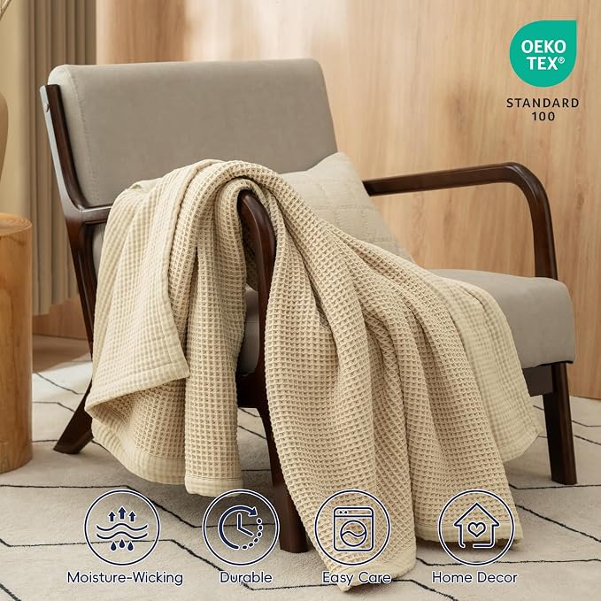 PHF 100% Cotton Waffle & Muslin Throw Blanket Large, Soft Breathable Luxury 400GSM Versatile Reversible Bedding for Couch, Great for Layering in Cold Weather, Home Decor Gift, 50" x 70", French Oak