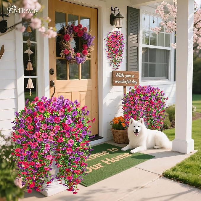 Artificial Hanging Flowers for Outdoors Spring Summer Decoration, 4PCS UV Resistant Silk Fake Hanging Plants for Patio Porch Front Yard Window Garden Indoor Decor(Purple&Hot Pink,4PCS)