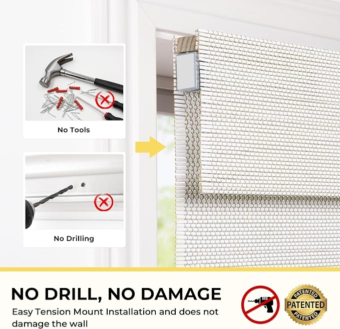 UNISHADES No Drill Cordless Bamboo Roman Shades, 23×64 in, Off White | Natural material, Light Filtering, Easy Install
