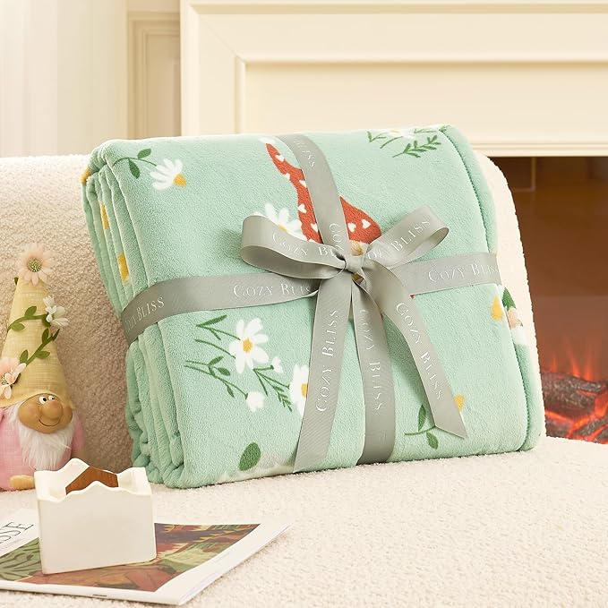 Cozy Bliss Gnome Spring Throw Blanket - Garden Daisy Floral Design, Warm MilkyPlush Throw Blankets, Ultra Soft Cozy Blankets for Couch, Sofa and Bed, Green, 60X80inches