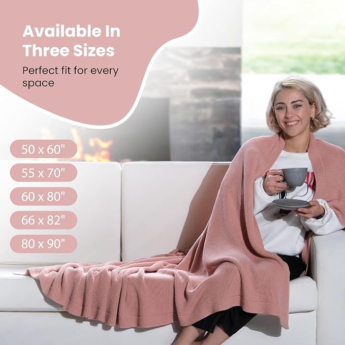 Dalisa 100% Organic Turkish Cotton Throw Blanket – GOTS Certified, Cozy, with Reusable Cotton Gift Bag – Perfect for Couch, Bed, and Home Decor – Boho Vintage Knit Alina (Pink, 80x90)