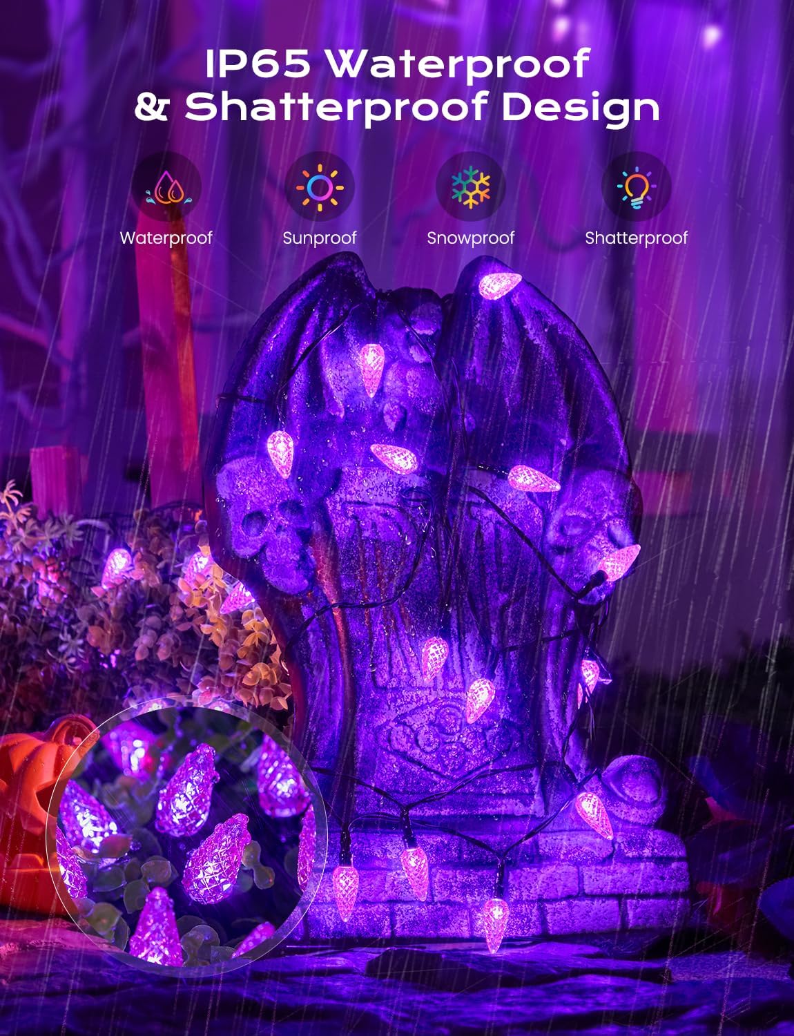 Brightown Solar Operated C6 Halloween Outdoor Lights, 22.64ft 50 LEDs Purple Halloween Lights, Strawberry LED Fairy Lights, Solar Waterproof String Light for Tree, Garden Decor Outdoor Decorations