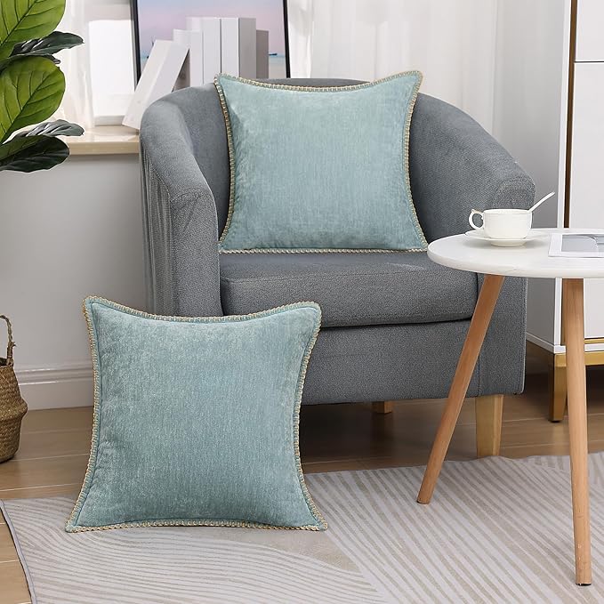 decorUhome Summer Chenille Soft Cozy Throw Pillow Covers 18x18 Set of 2, Modern Farmhouse Boho Velvet Decorative Pillow Cases with Stitched Edge for Couch Sofa Bed Home Decor, Aqua Haze