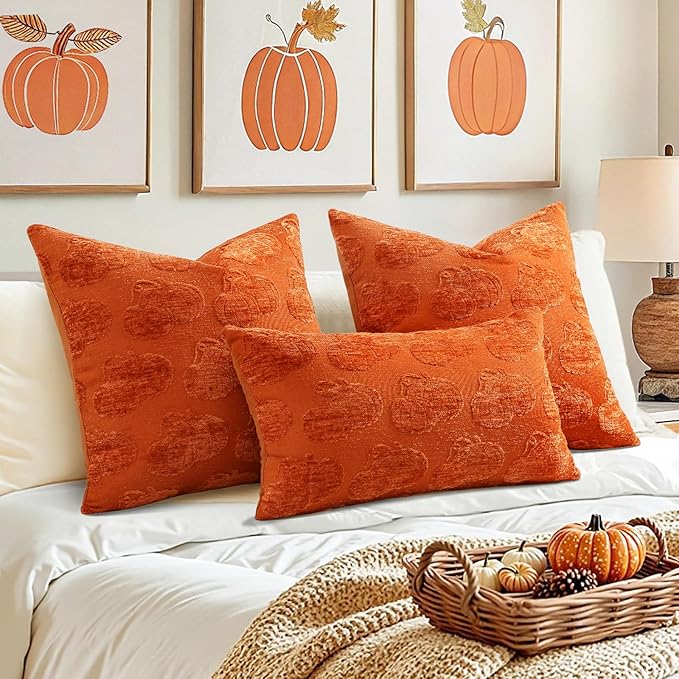decorUhome Decorative Two Rust Pumpkins Thanksgiving Throw Pillow Covers 20x20 Set of 2, Soft Chenille Jacquard Farmhouse Textured Pillow Covers for Couch Bed Sofa Autumn Harvest Halloween Holiday