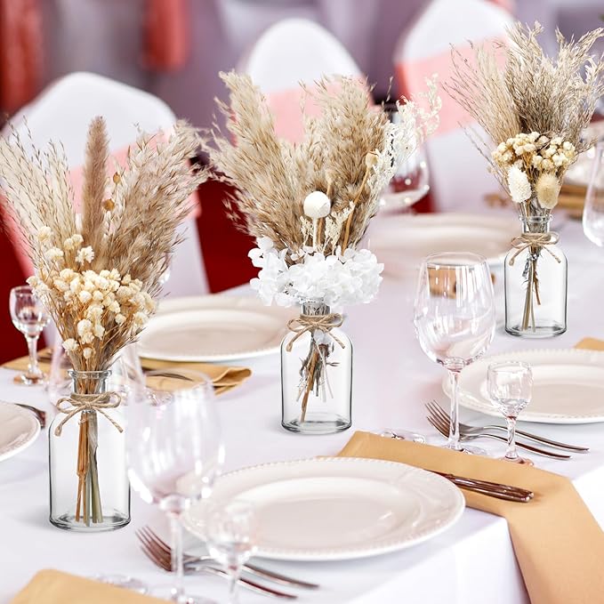 Nuanchu 10 Set Dried Pampas Grass Centerpiece for Wedding 10 Small Glass Vases 10 Dried Pampas Grass Bouquet with Rope for Baby Shower Rustic Bridal Party Farmhouse Decoration(5 Style)