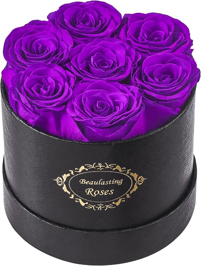 Beaulasting Long Lasting Preserved Roses in a Box Last a Year Forever Flowers for Her Mom Wife Anniversary Birthday (Round Black Box, Purple)