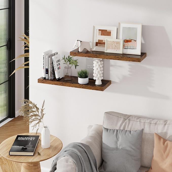 Floating Shelves for Wall, 24 inch Wall Shelves 9.3in Deep Wooden Shelves for Book, Living Room, Bathroom, Kitchen, Office, Rustic Brown Farmhouse Shelves, 24 x 9.3 x 1.5 in, 2 Packs
