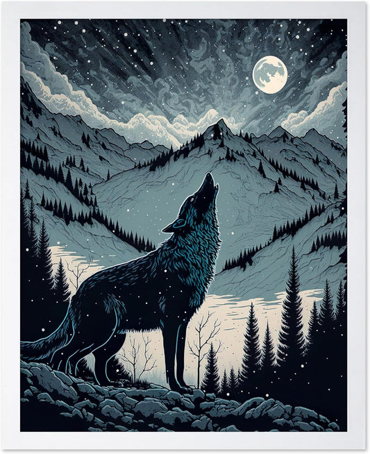 Poster Master Vintage Illustration Poster - Retro Animal Print - Gift for Artist, Friend - Wolf Howling at the Moon, Mountain, Snow, Landscape - Wall Decor for Home, Office, 8x10 White Framed