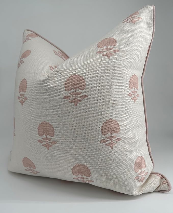 Jillien Harbor “The Lauderdale” Floral Block Print Pillow Cover – Blush Pink and Off-White Decorative Throw Pillow Cover – Grandmillennial Home Decor, 20" x 20"