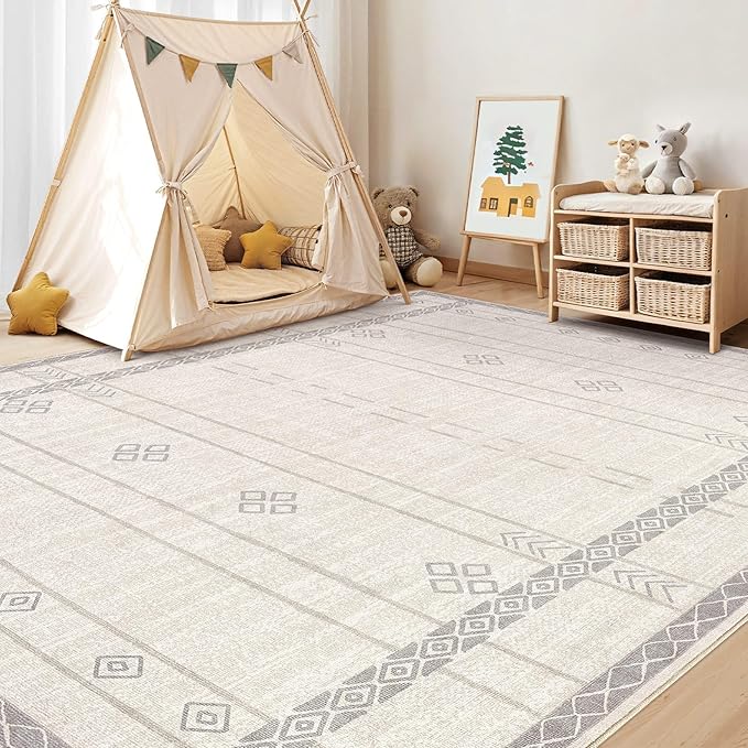 cotiled 5x7 Area Rug Living Room: Washable Boho Rugs with Non Slip Backing Large Soft Indoor Stain Resistant Carpet for Bedroom Farmhouse Dining Room Lightweight Home Decor Grey Beige