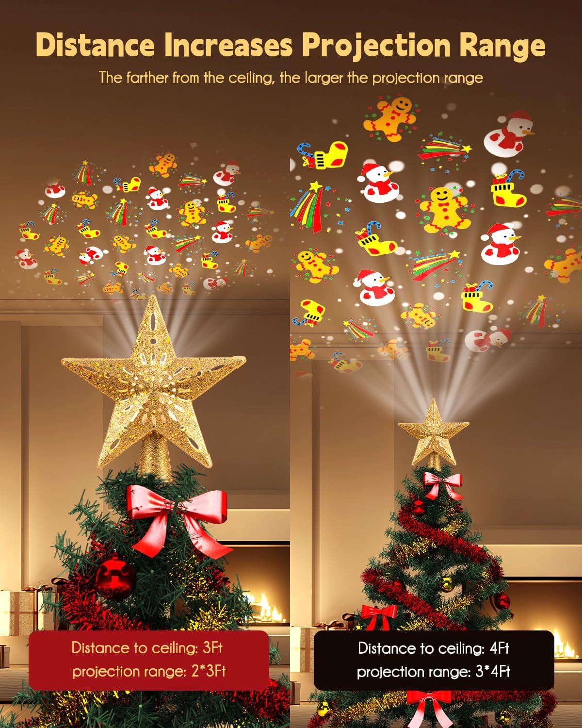 Brightown Christmas Tree Topper Lighted with 6 Projection Modes,9.8”Christmas Star Tree Topper with Built-in LED Rotating Lights,Tree Top with Golden Spangles Plated Plug in for Christmas Decorations