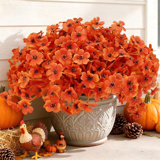Geegoods Artificial Mum Flowers for Outdoors, 32 Bundles UV Resistant Faux Plastic Mum Flowers for Halloween Front Door Porch Patio Yard Balcony Decor