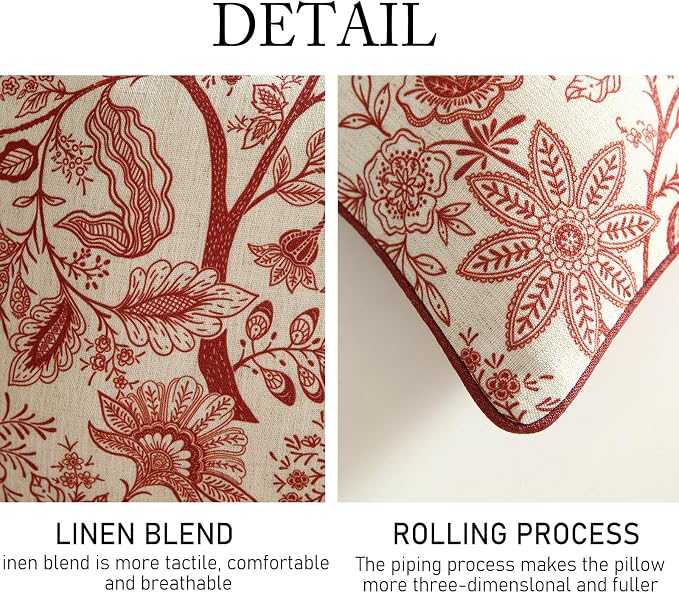 ISAENNE Designer Linen Square Throw Pillow Cover,Set of 2,18"x18"-Ruyi A | Vintage French Elegant Pillow Cover,Concealed Zipper Design,Red Floral Pattern,Sofa,Bedroom,Living Room,Lounge Chairs