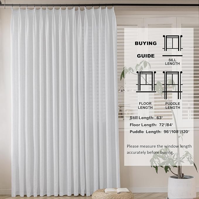 MAIHER White Pinch Pleated Curtains Linen 96 Inch Length for Living Room 84" W x 96" L Extra Wide Semi Sheer Pleated Curtain Light Filtering with Hooks, Privacy Protection, 1 Panel